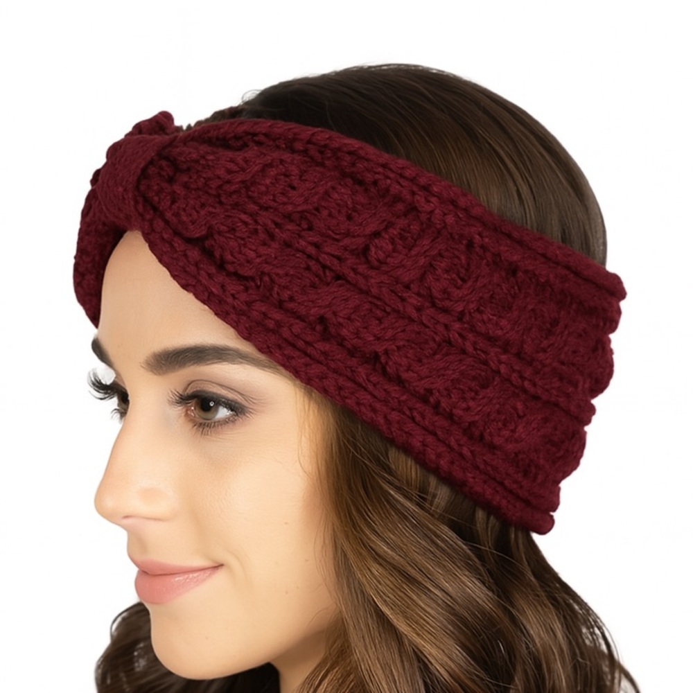 Chunky Knit Burgundy Bow Headband Ear Warmer | Winter Cable Knit Turban Style
